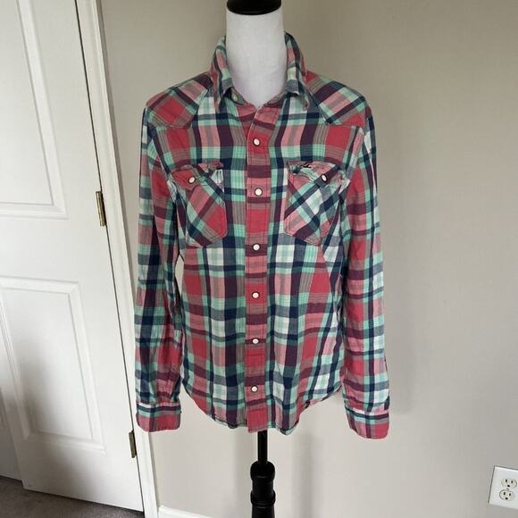 Hollister Plaid Western Shirt Long Sleeve Button Up Pink Green Casual - Picture 1 of 6